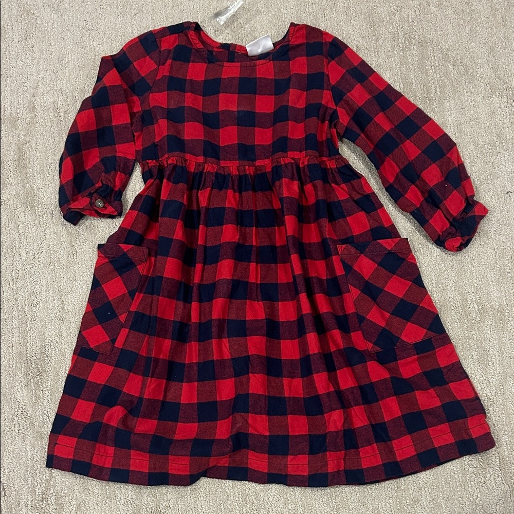 Red and Navy Buffalo Plaid Flannel Long Sleeve Dress with button back detail